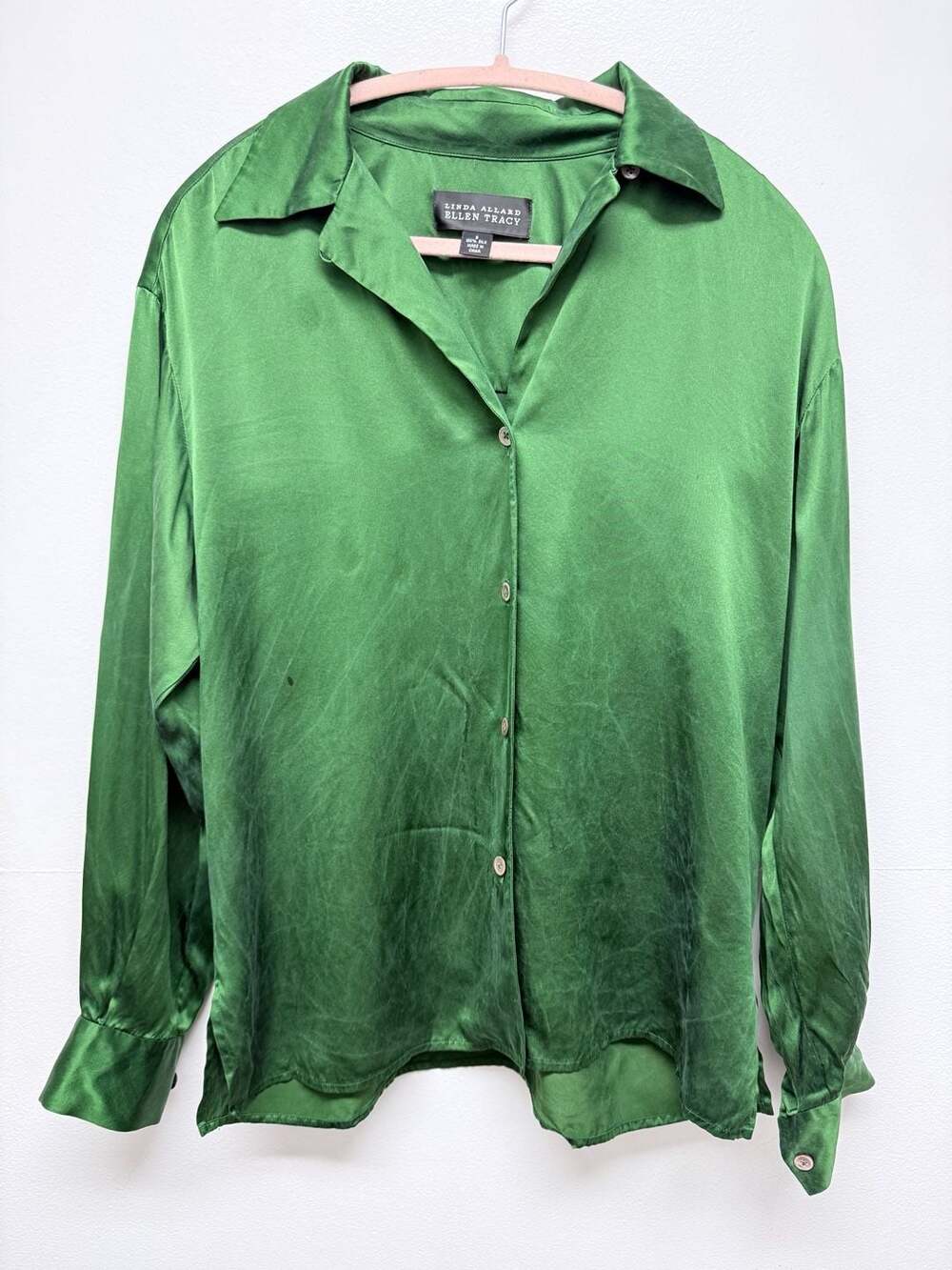 Linda Allard Ellen Tracy Silk Button Down Shirt Size 6 emerald Green